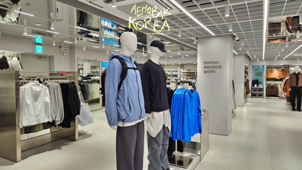 Mannequins wearing sportswear at Musinsa Standard Myeongdong store.